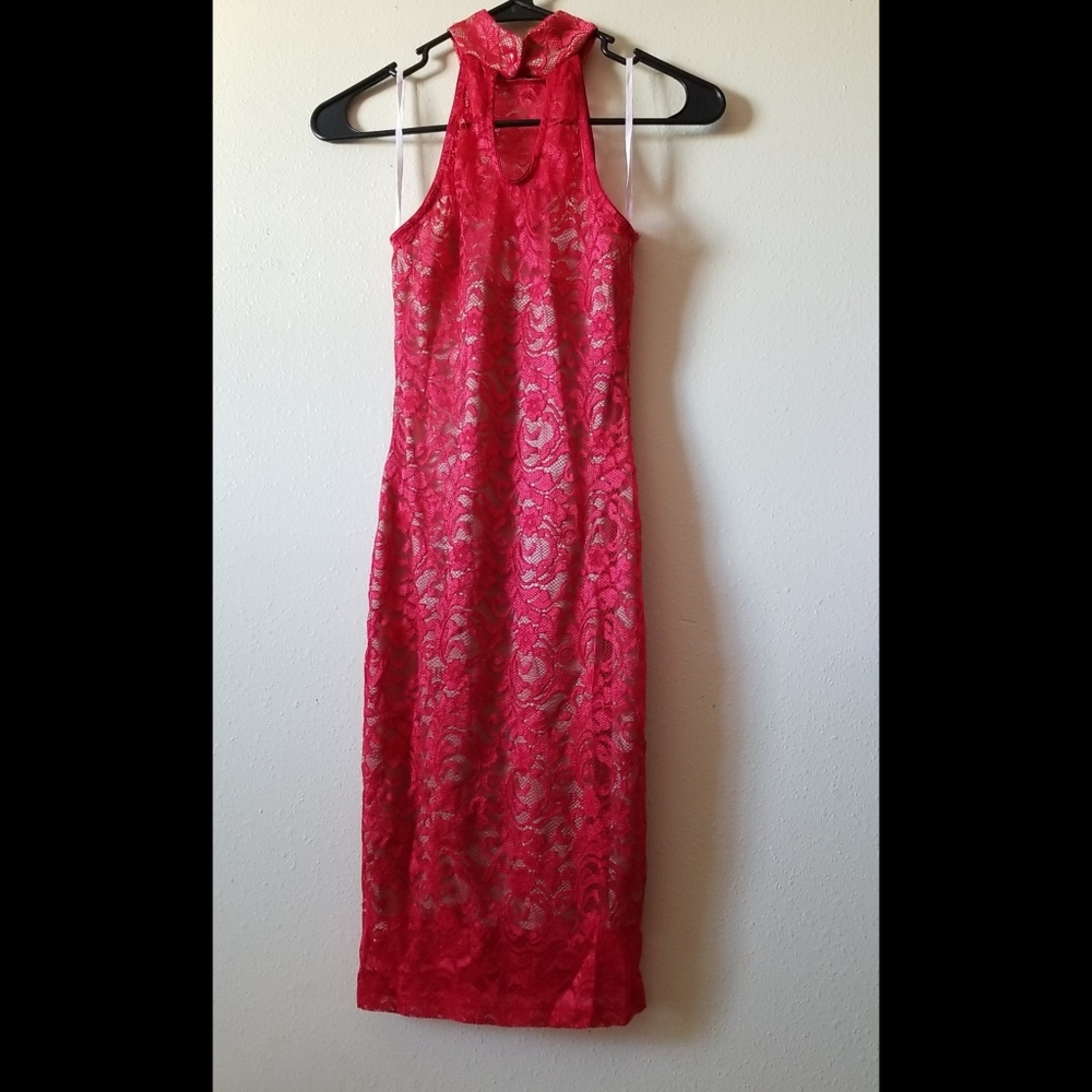 NEW LISTING! Red Nude Illusion Lace Mock Neck Dress - Picture 9 of 17